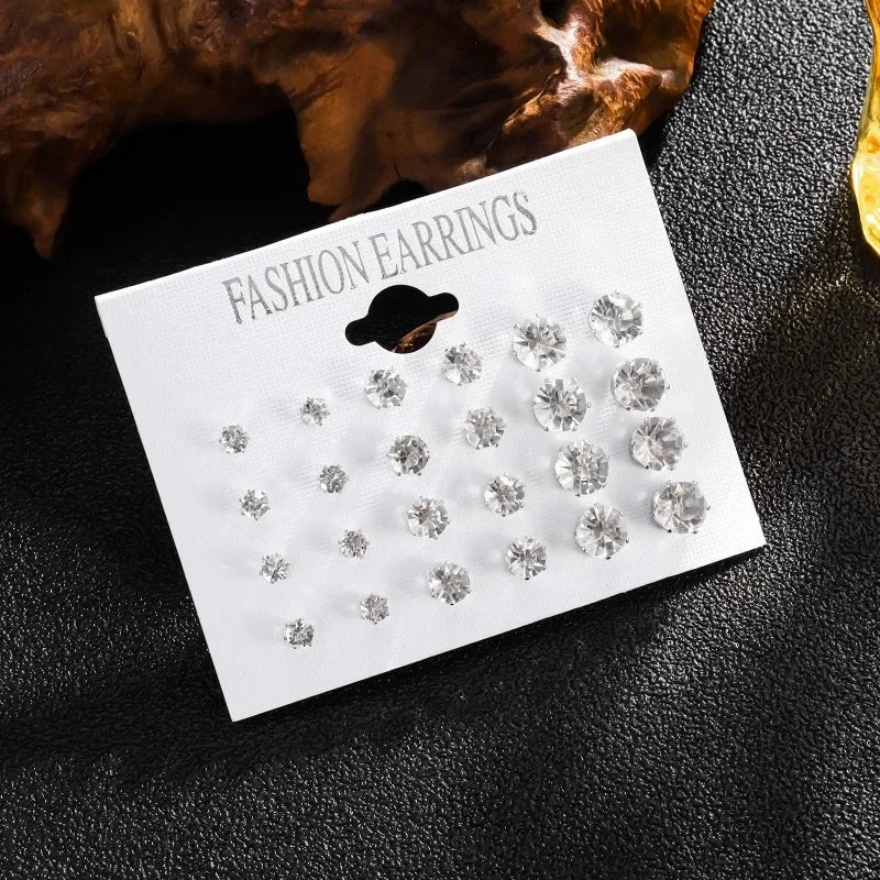 Crystal Stud Earrings – 12-Pack White Wedding Studs Set for Women & Men