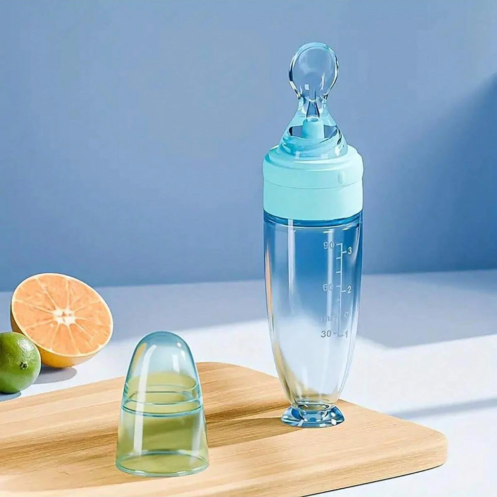 Baby Bottle Feeder – 90ml Silicone Squeeze Feeder with Soft Spoon, Suction Cup & Dust Cap