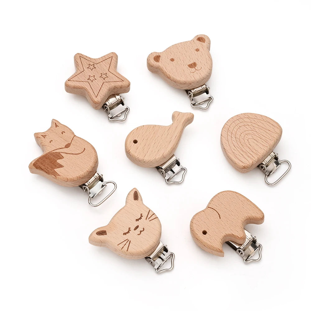 Wooden Pacifier Clips – 5-Pack Beech Teething Dummy Clip Chains for Baby