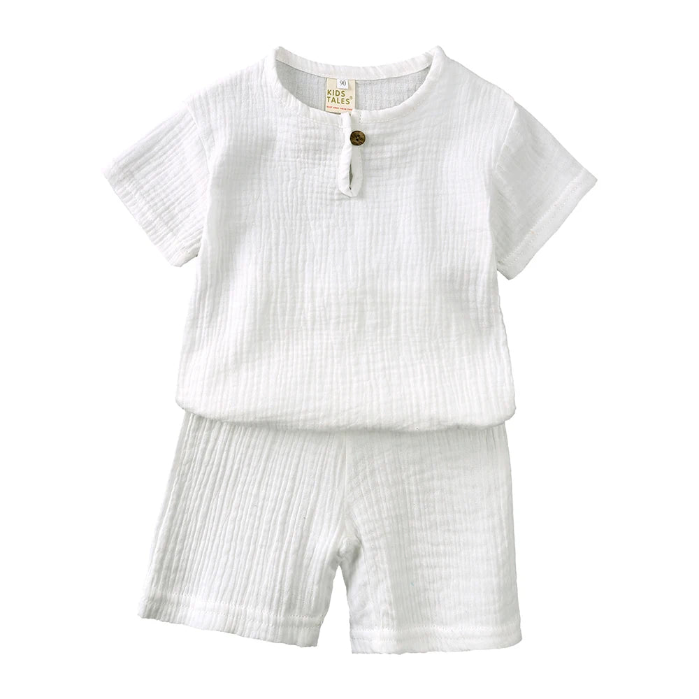 Kids Cotton Linen Outfit Set – 2-Piece T-Shirt & Shorts, Boys & Girls 0-7Y