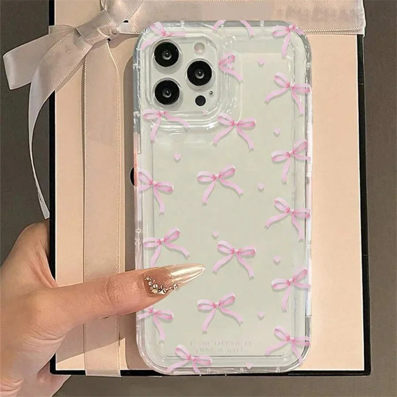 Heart Bow iPhone Case – Cute Pink Clear Shockproof Cover for iPhone 11-17 Pro Max