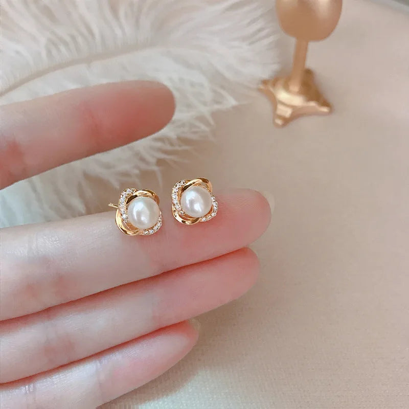 14k Gold Stud Earrings – Zircon Pearl Twist Drop Earrings for Women