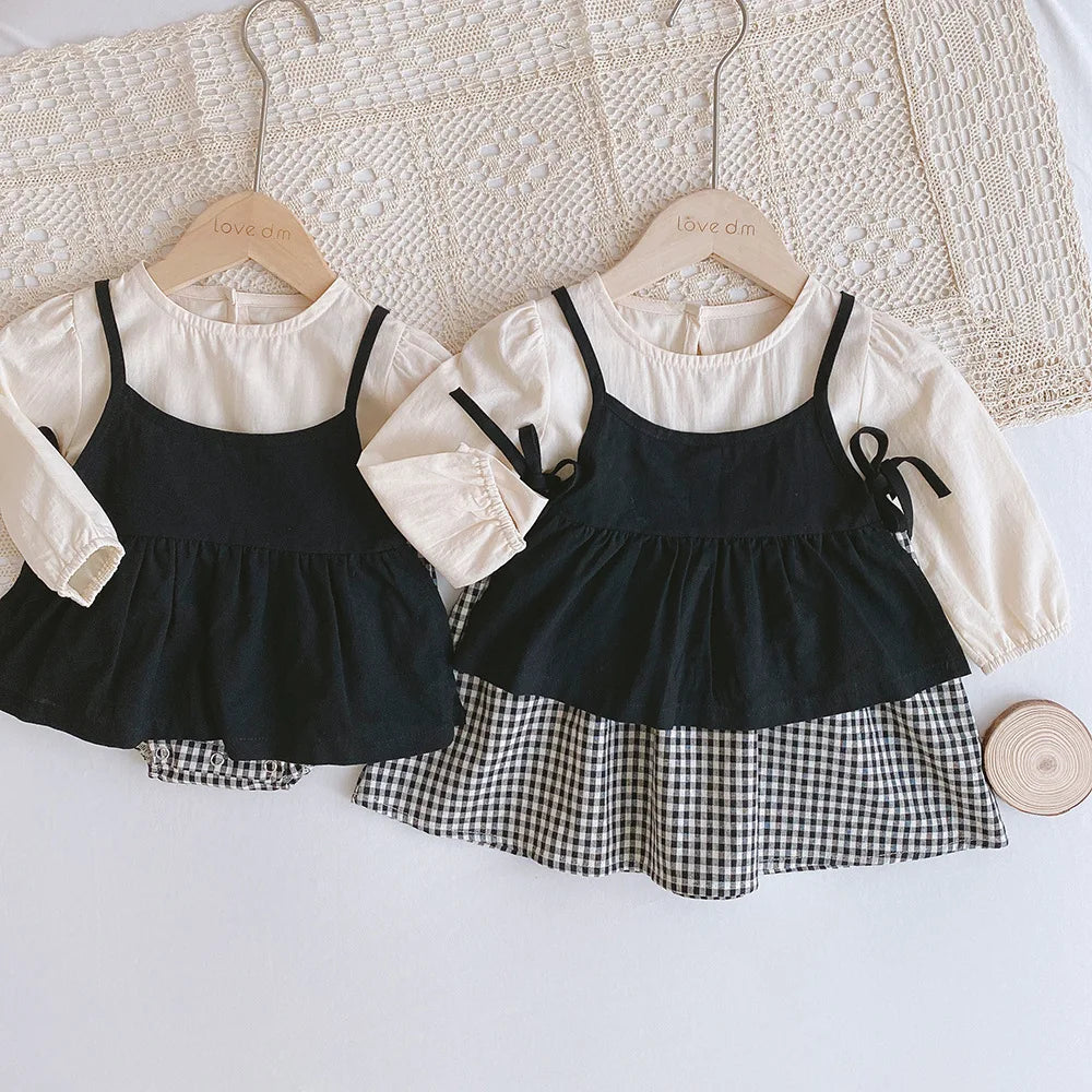 Baby Girl Plaid Dress & Romper Set – Dungaree One-Piece Spring Outfit, 6M-5T