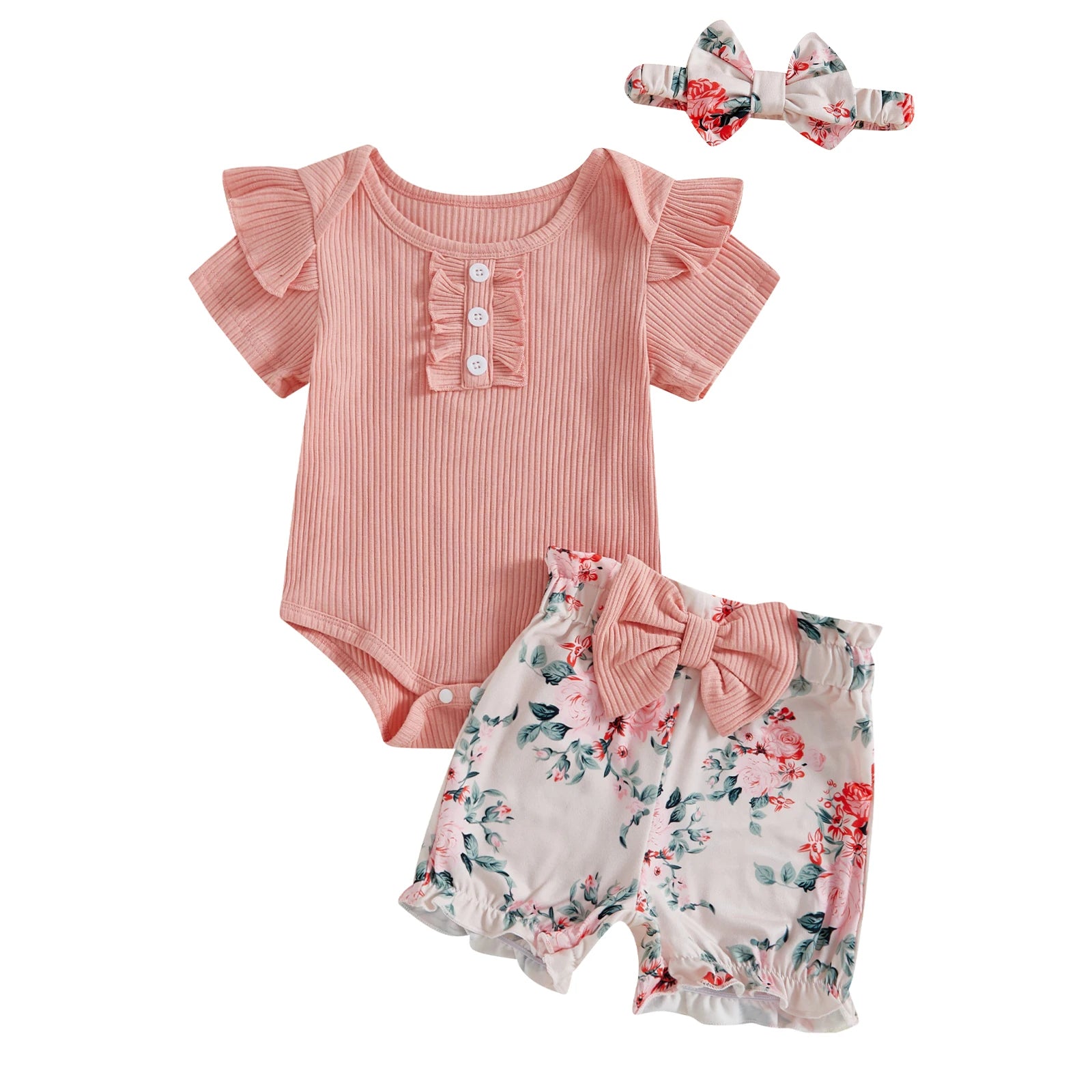 Baby Girl Outfit Set – Short Sleeve Romper, Cow Print Shorts & Headband, 3-Piece, 0-18M