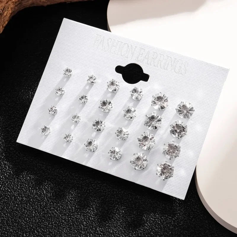 Crystal Stud Earrings – 12-Pack White Wedding Studs Set for Women & Men
