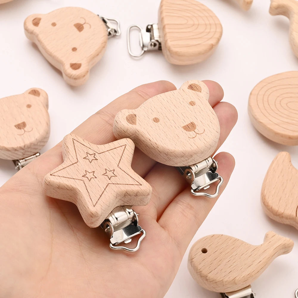 Wooden Pacifier Clips – 5-Pack Beech Teething Dummy Clip Chains for Baby