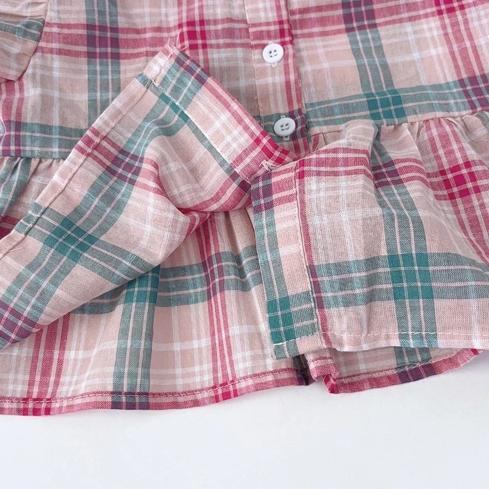 Girls 2-Piece Outfit Set – Square Collar Checkered Top & Wide Leg Pants, Ages 3-10