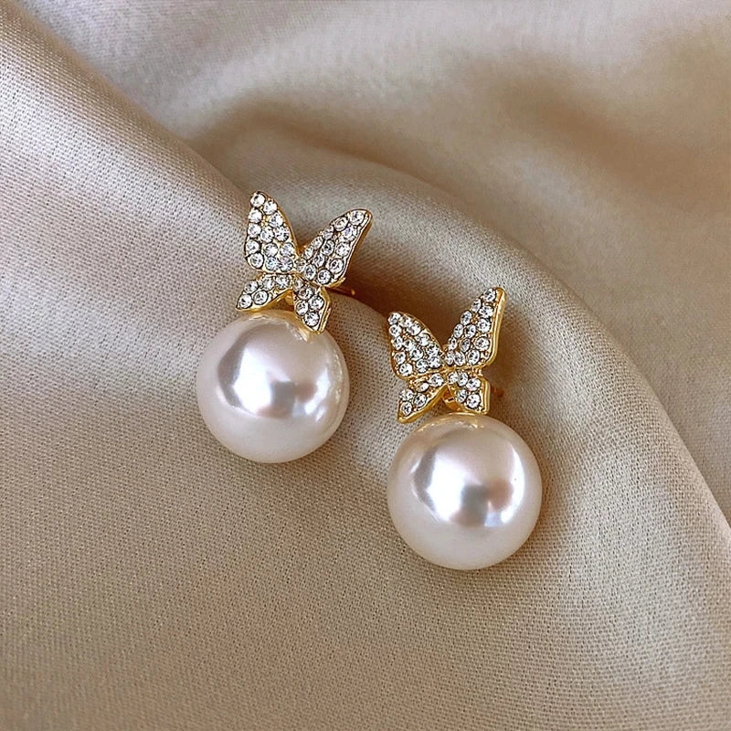 14k Gold Stud Earrings – Zircon Pearl Twist Drop Earrings for Women