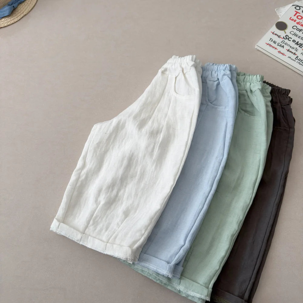Boys Linen Pants – Elastic Waist Loose Trousers, Korean Style Kids Casual Pants