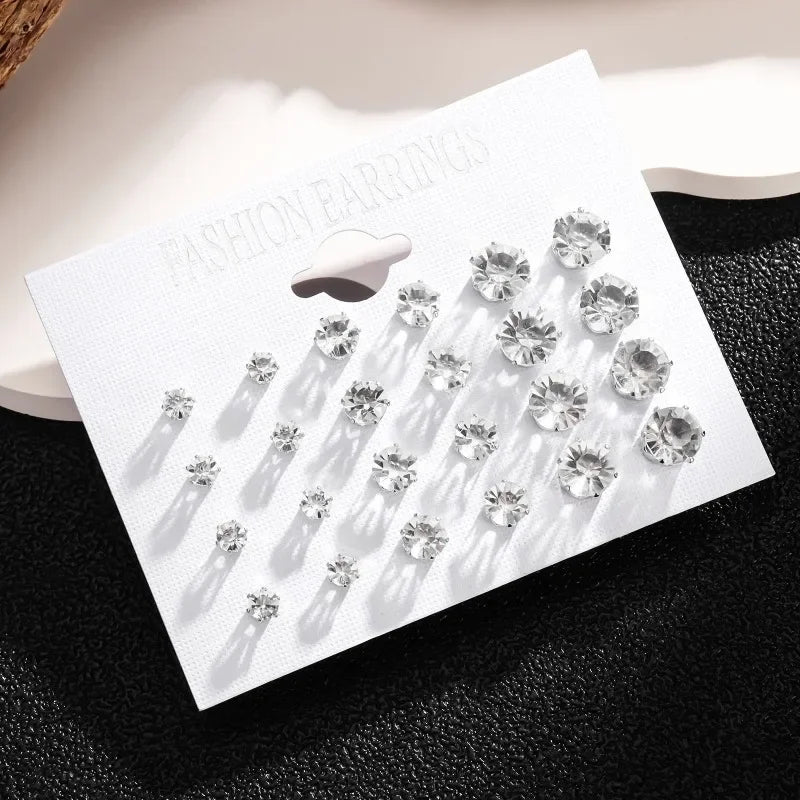 Crystal Stud Earrings – 12-Pack White Wedding Studs Set for Women & Men