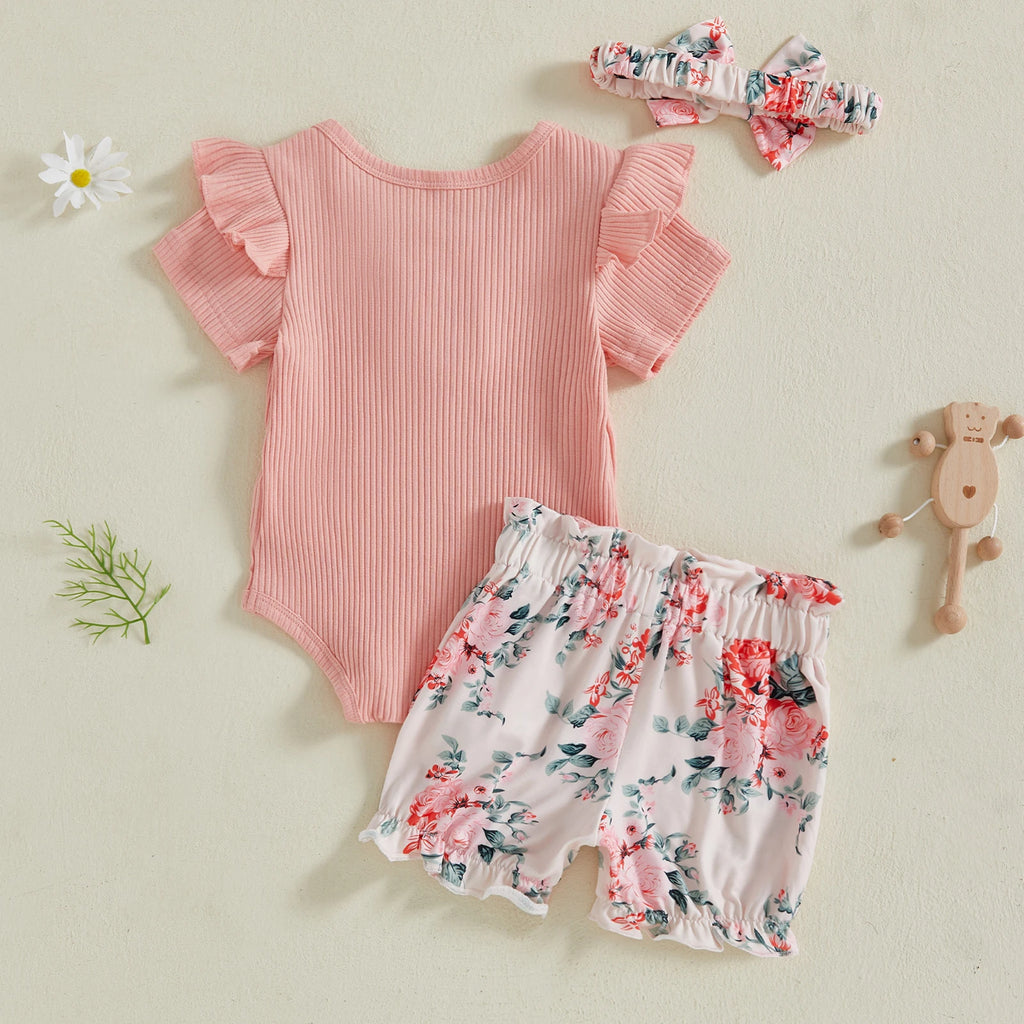 Baby Girl Outfit Set – Short Sleeve Romper, Cow Print Shorts & Headband, 3-Piece, 0-18M