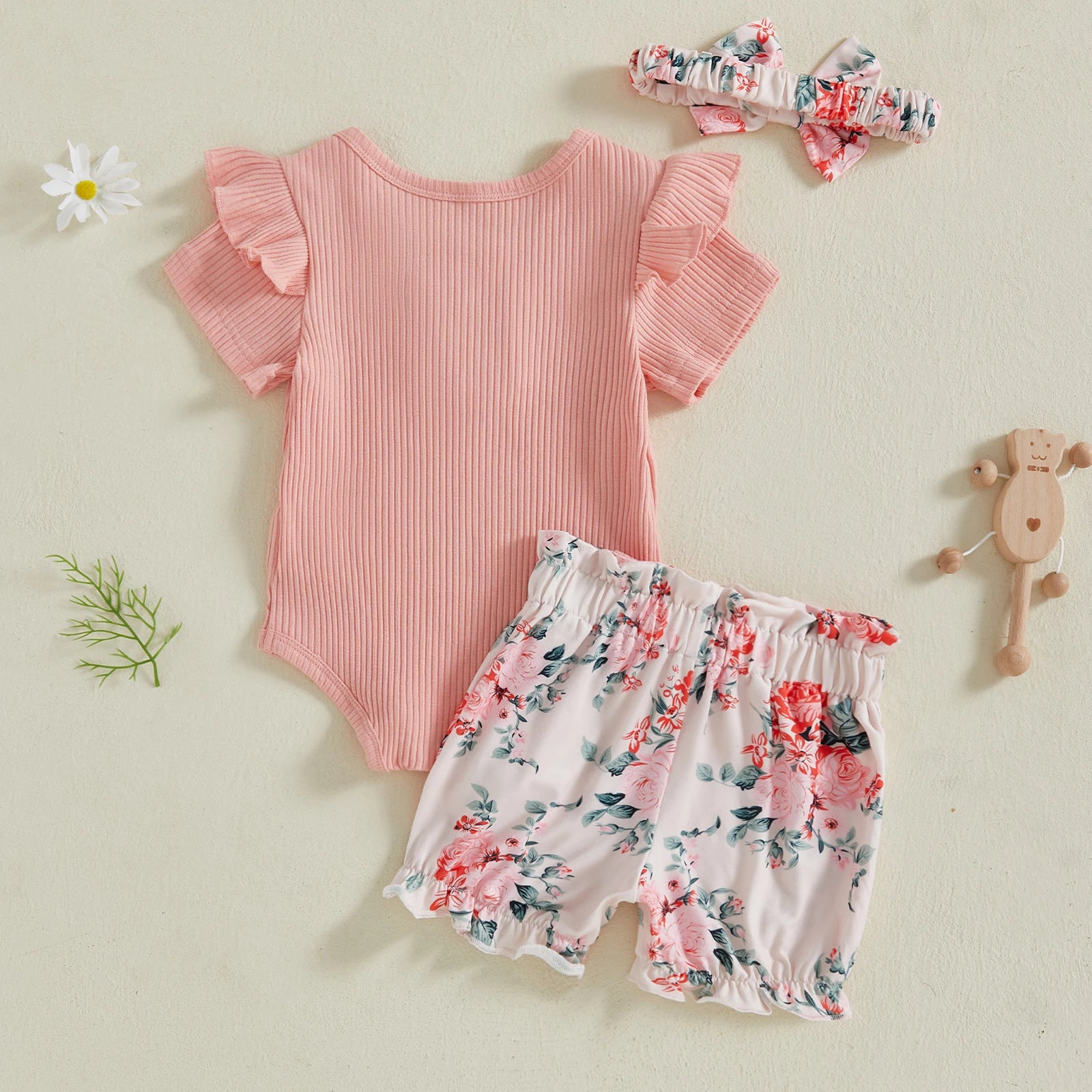 Baby Girl Outfit Set – Short Sleeve Romper, Cow Print Shorts & Headband, 3-Piece, 0-18M