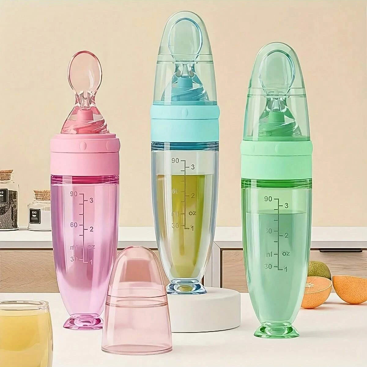 Baby Bottle Feeder – 90ml Silicone Squeeze Feeder with Soft Spoon, Suction Cup & Dust Cap