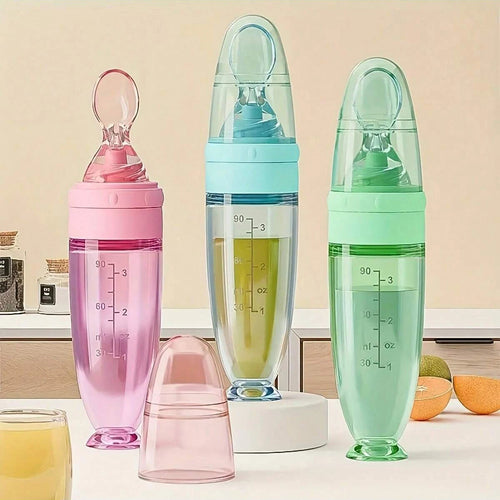 Baby Bottle Feeder – 90ml Silicone Squeeze Feeder with Soft Spoon, Suction Cup & Dust Cap