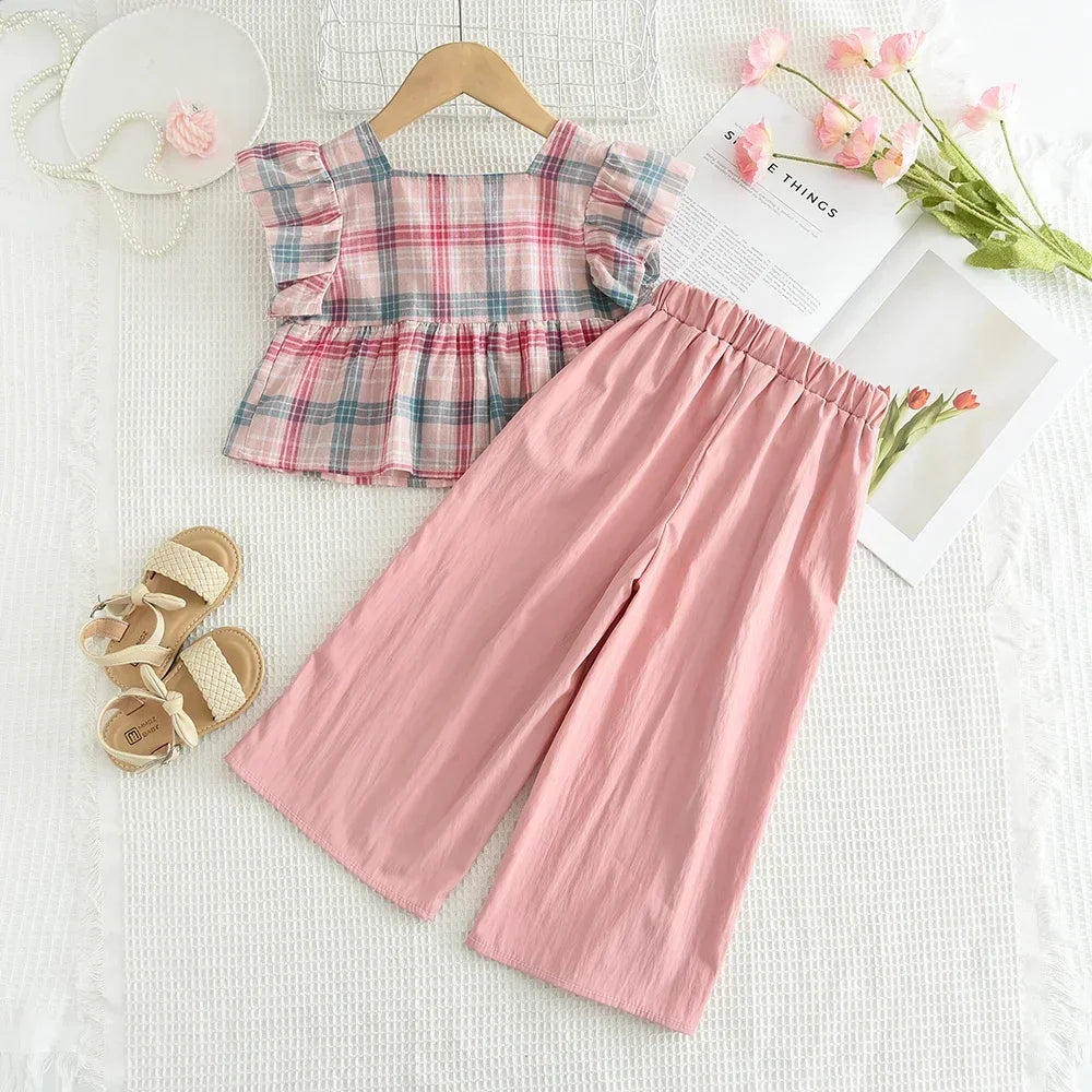 Girls 2-Piece Outfit Set – Square Collar Checkered Top & Wide Leg Pants, Ages 3-10