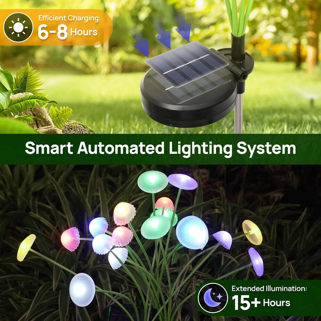 Solar Garden Lights – Dual Mode LED Mushroom & Jellyfish Lights, Waterproof, Warm White & RGB, Pathway & Patio