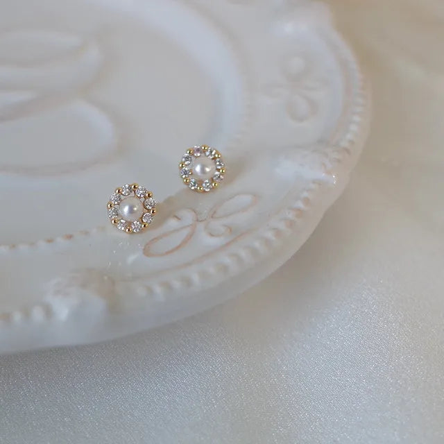 14k Gold Stud Earrings – Zircon Pearl Twist Drop Earrings for Women