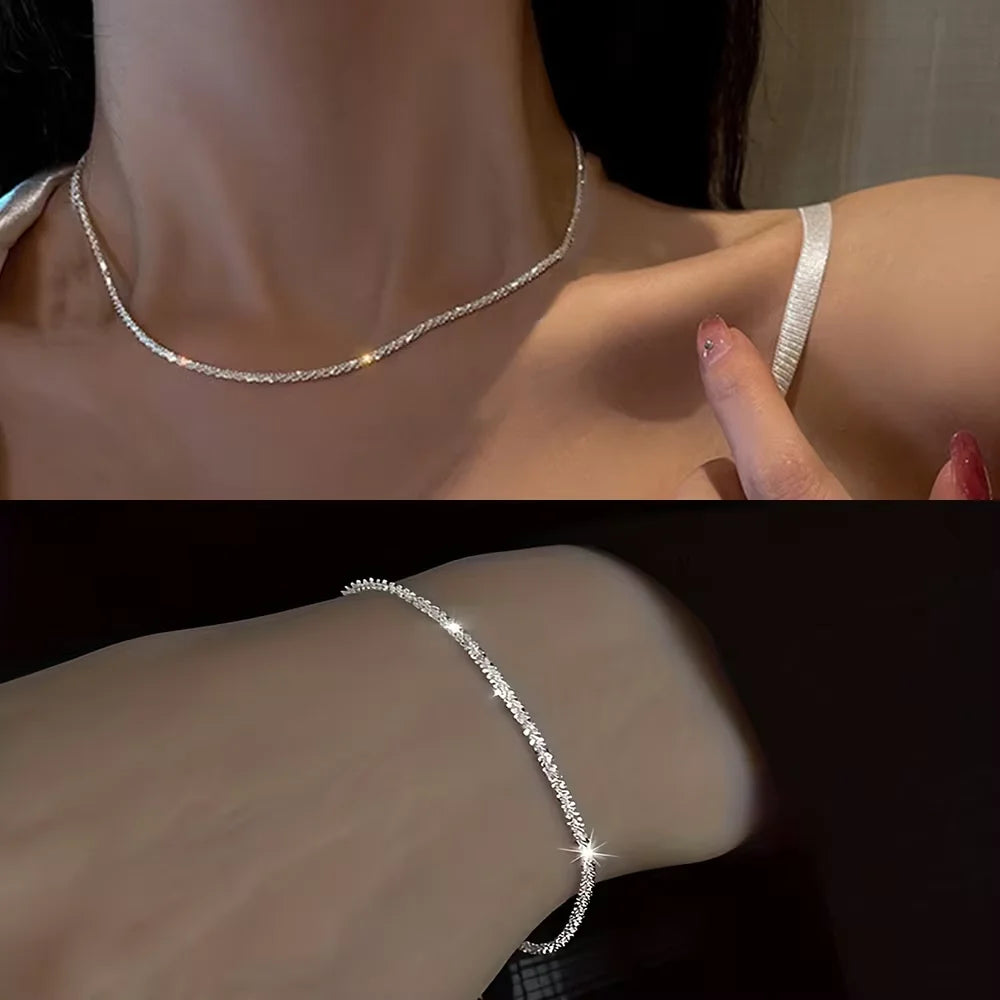 Necklace & Bracelet Set – Silver Plated Collarbone Chain, Minimalist Starry Sky Jewellery