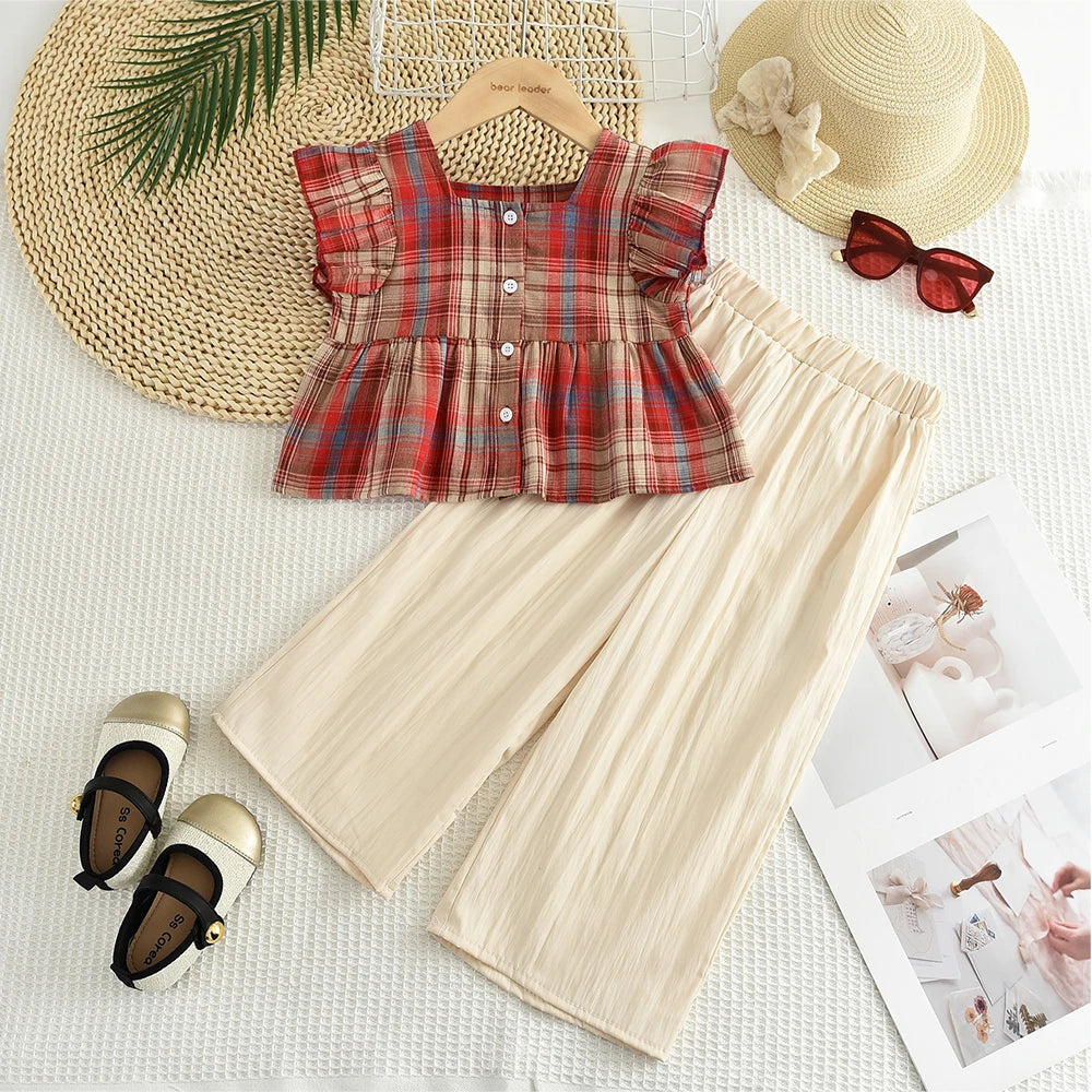 Girls 2-Piece Outfit Set – Square Collar Checkered Top & Wide Leg Pants, Ages 3-10