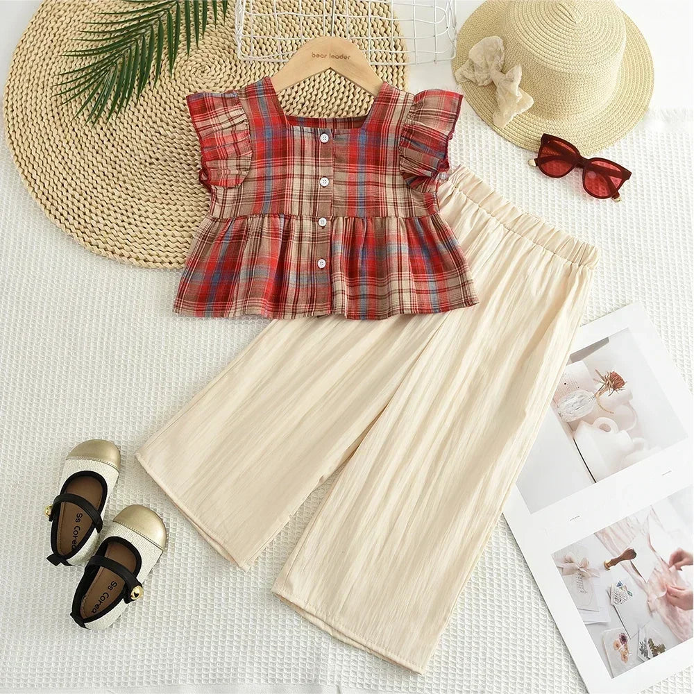 Girls 2-Piece Outfit Set – Square Collar Checkered Top & Wide Leg Pants, Ages 3-10