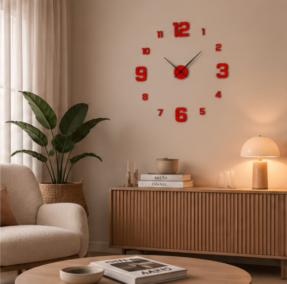 Wall Clock – Frameless Silent Non-Ticking Modern Wall Clock, Black/Silver/Red