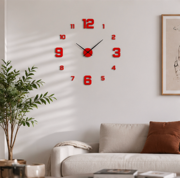 Wall Clock – Frameless Silent Non-Ticking Modern Wall Clock, Black/Silver/Red