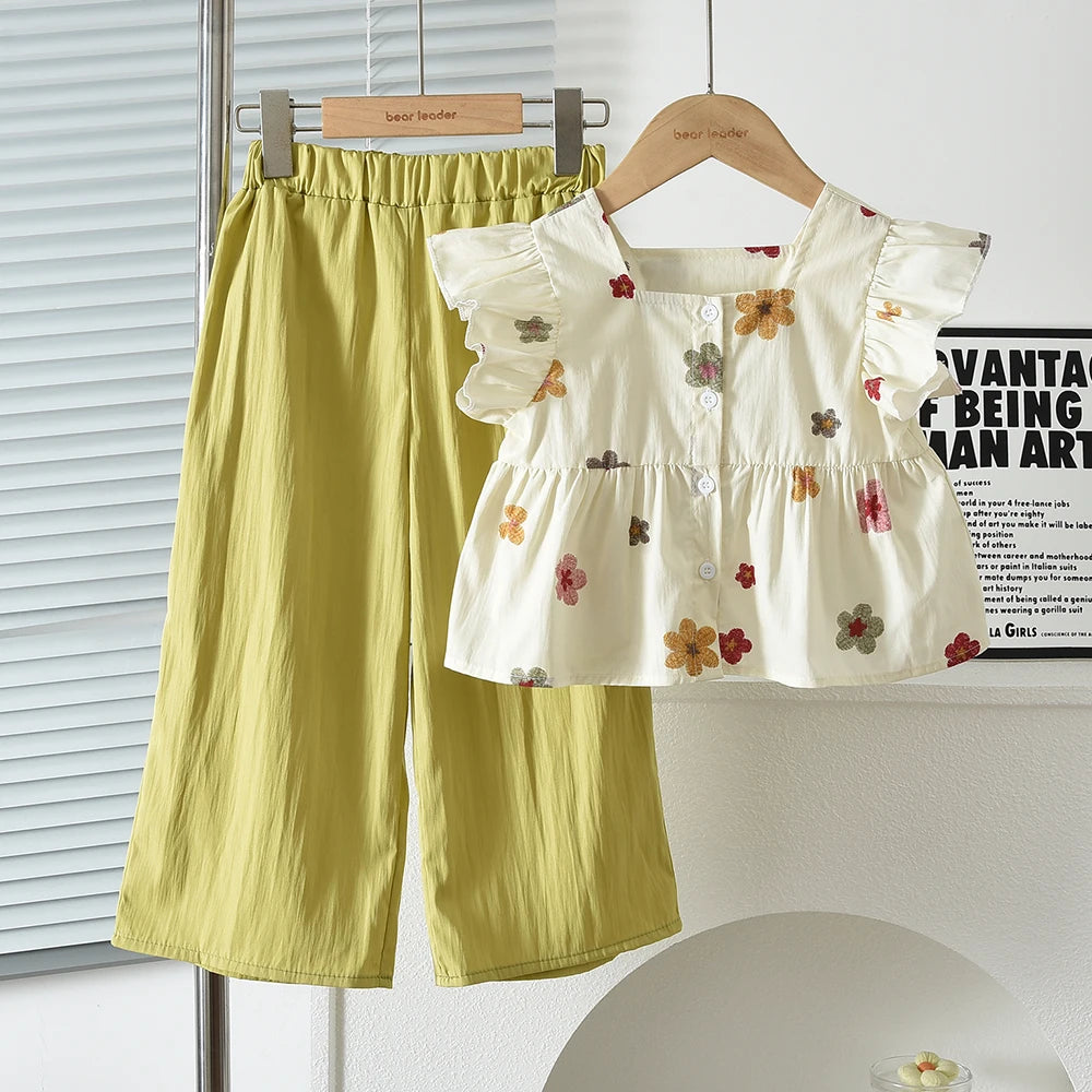 Girls 2-Piece Outfit Set – Square Collar Checkered Top & Wide Leg Pants, Ages 3-10