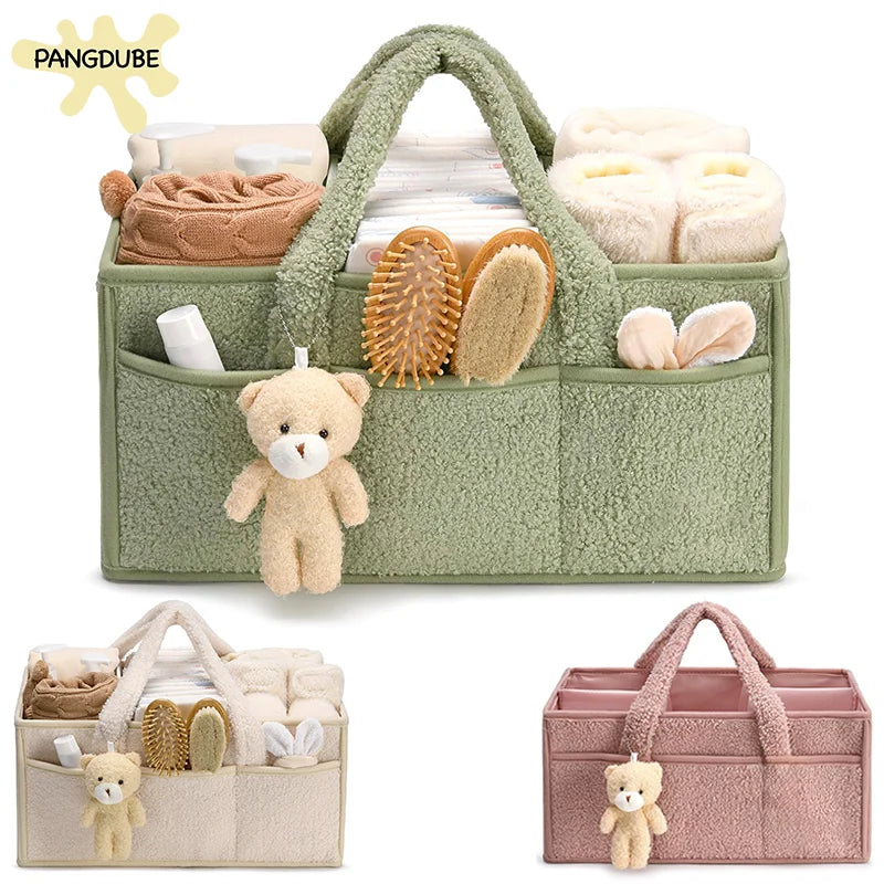 Baby Diaper Caddy Organizer – Plush Teddy Bear Nappy Storage Basket for Newborn