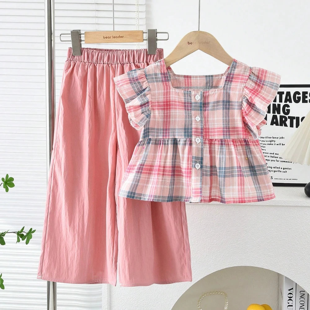 Girls 2-Piece Outfit Set – Square Collar Checkered Top & Wide Leg Pants, Ages 3-10