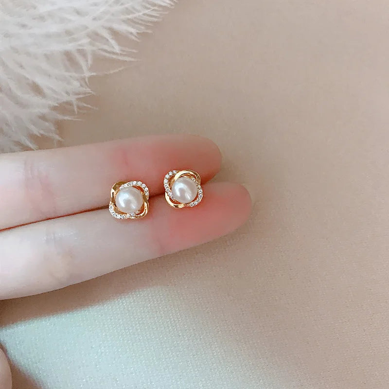 14k Gold Stud Earrings – Zircon Pearl Twist Drop Earrings for Women