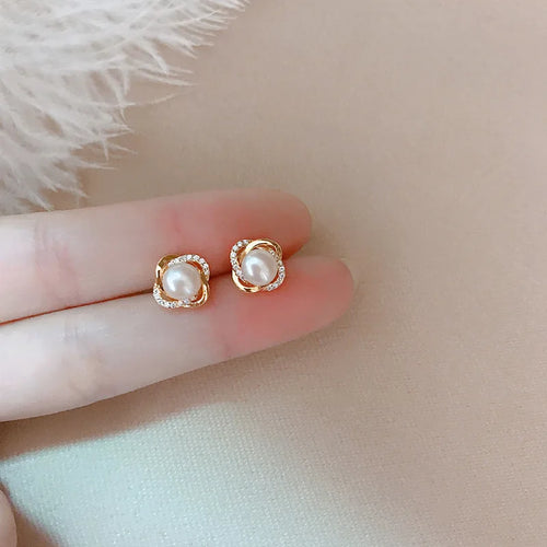 14k Gold Stud Earrings – Zircon Pearl Twist Drop Earrings for Women