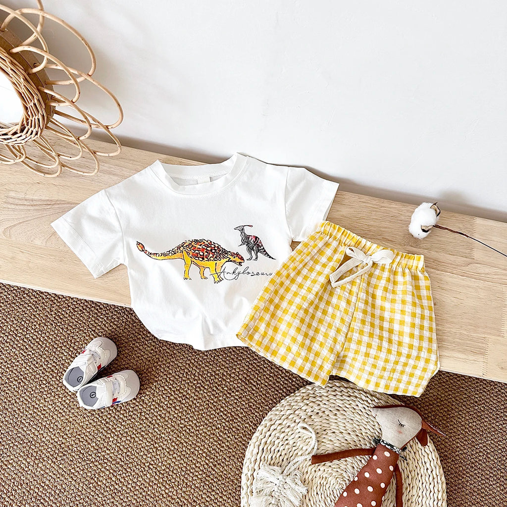 Baby Clothes Set – 2-Piece Dinosaur Print Top & Shorts Outfit for Boys & Girls, Summer