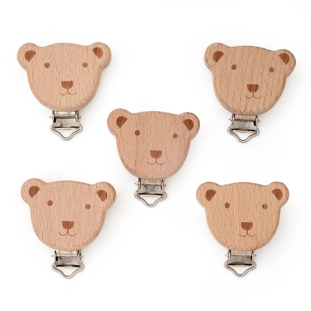 Wooden Pacifier Clips – 5-Pack Beech Teething Dummy Clip Chains for Baby