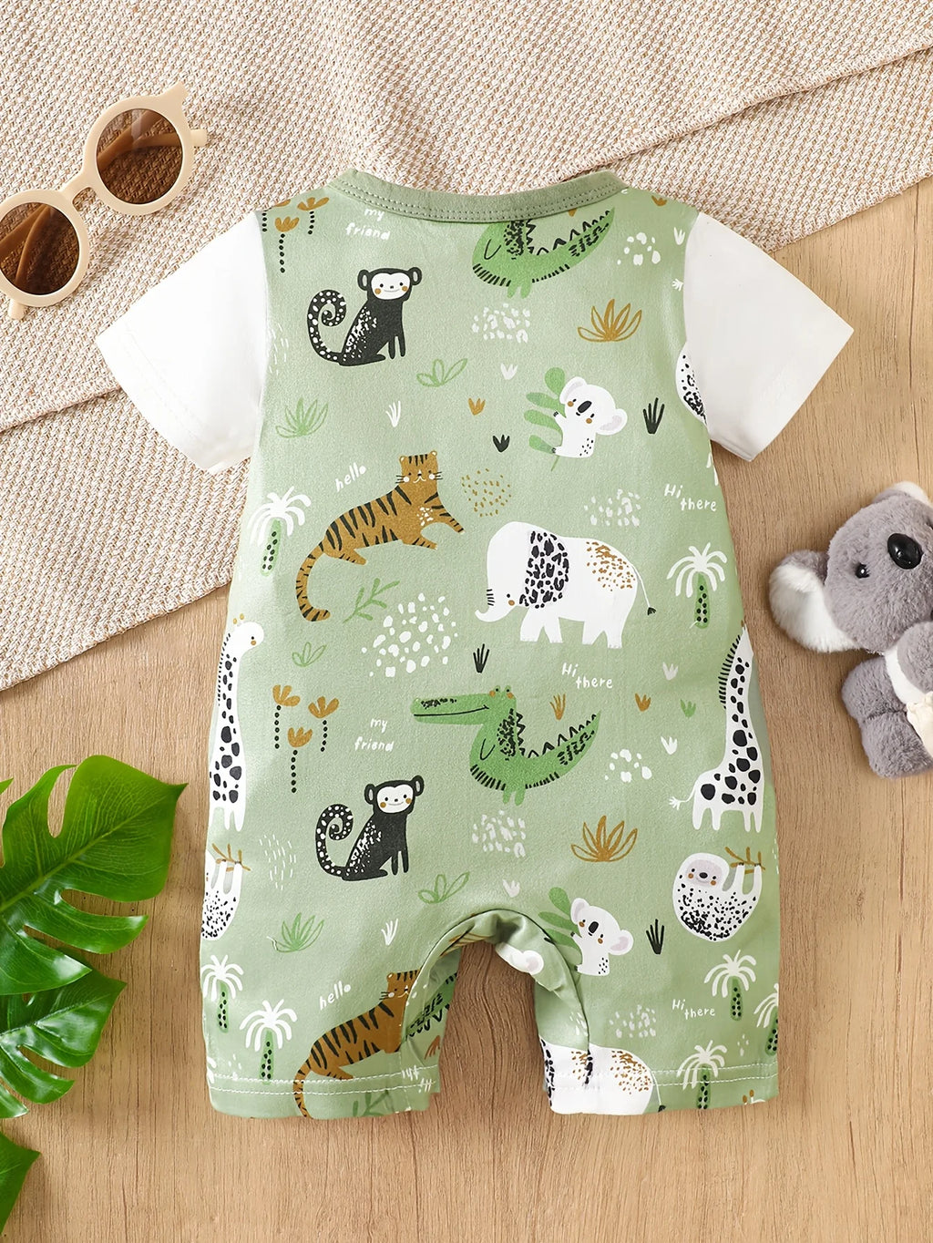 Baby Romper – Koala Animal Print Faux Two-Piece Bodysuit, Short Sleeve, 1-18M