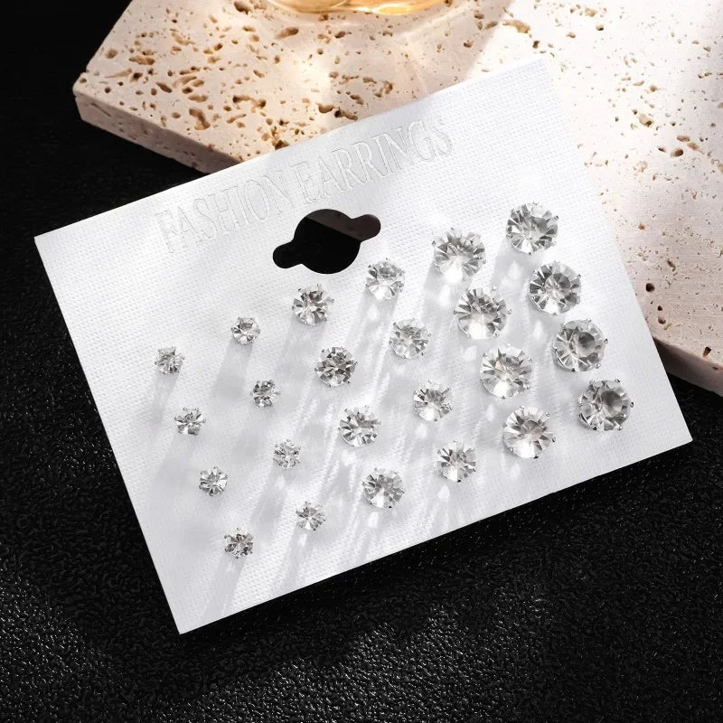 Crystal Stud Earrings – 12-Pack White Wedding Studs Set for Women & Men