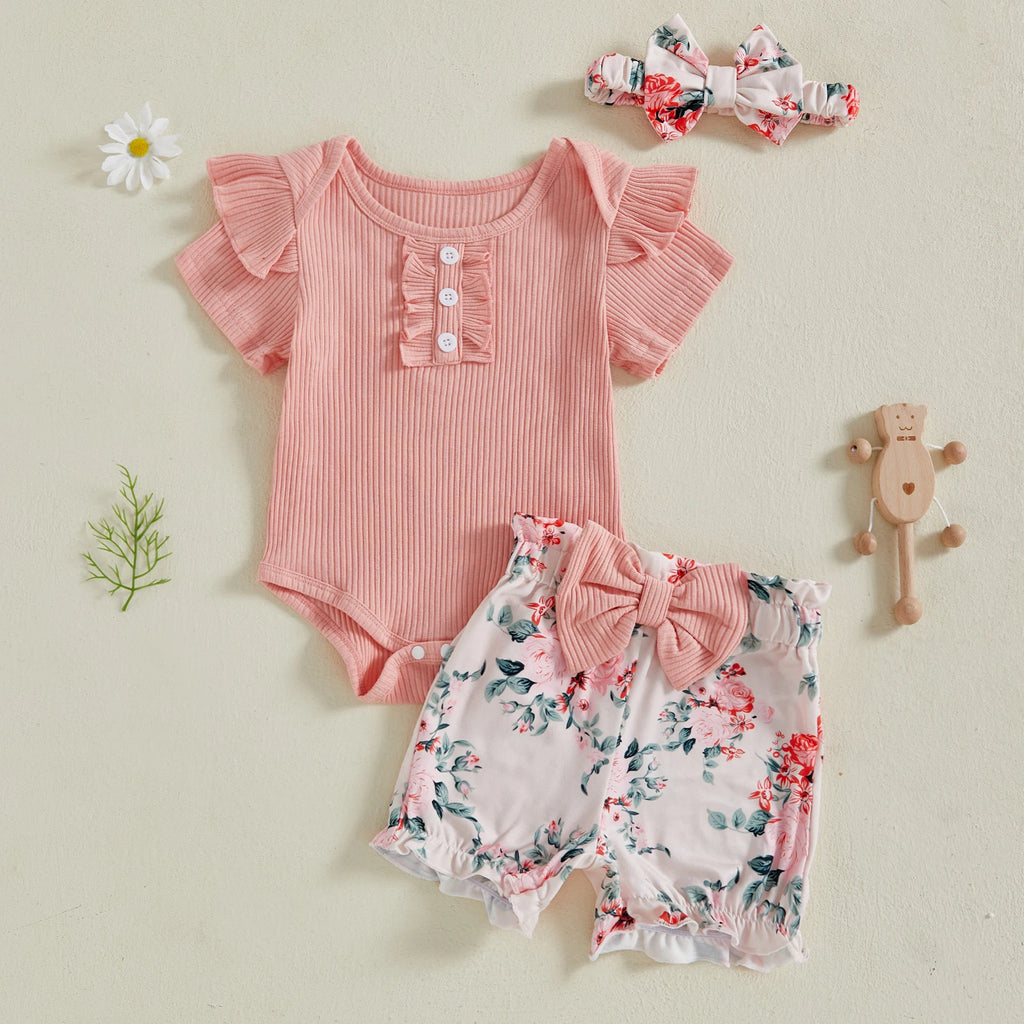 Baby Girl Outfit Set – Short Sleeve Romper, Cow Print Shorts & Headband, 3-Piece, 0-18M