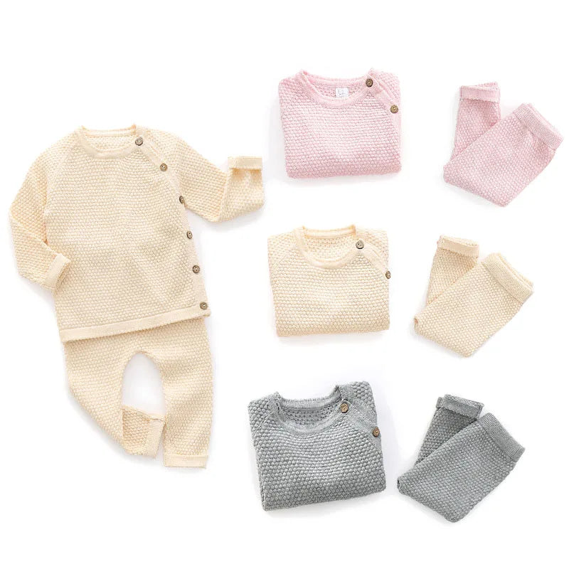 Baby Clothes Set – Cotton Knitted Sweater Tops & Pants, 2-Piece, Newborn 0-3Y