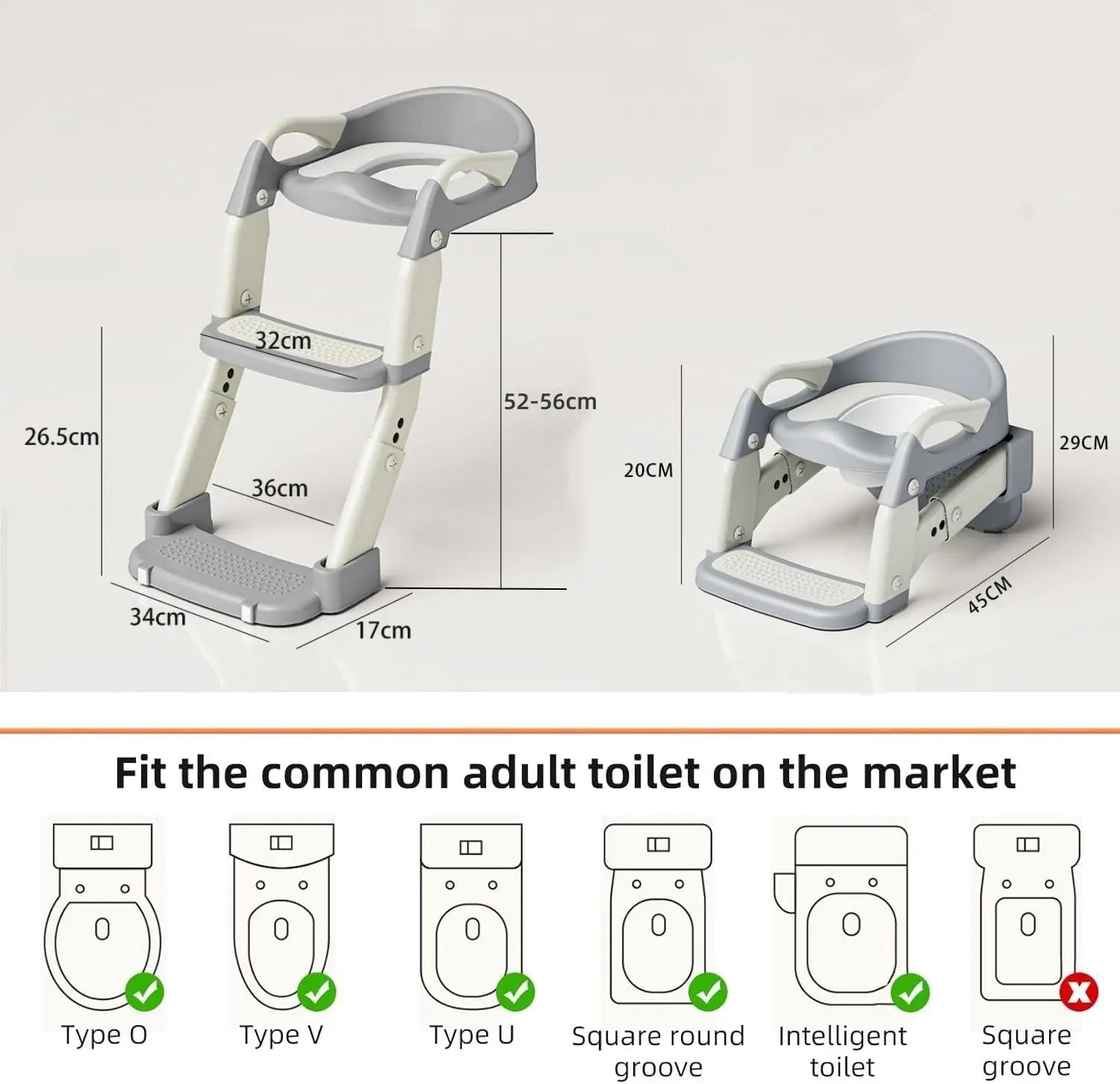 Kids Potty Training Seat – 3-in-1 Toddler Toilet Ladder with Non-Slip Splash Guard, Grey