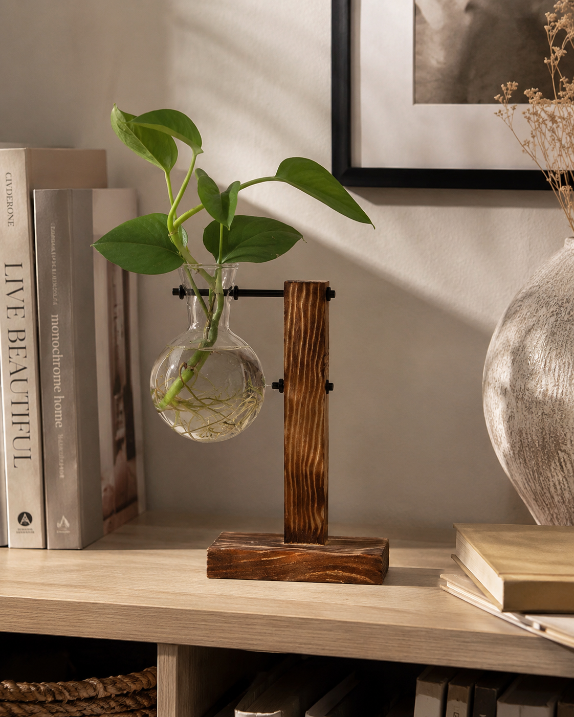 Glass Bulb Vase – Hydroponic Flower Vase with Wooden Stand for Home Decor