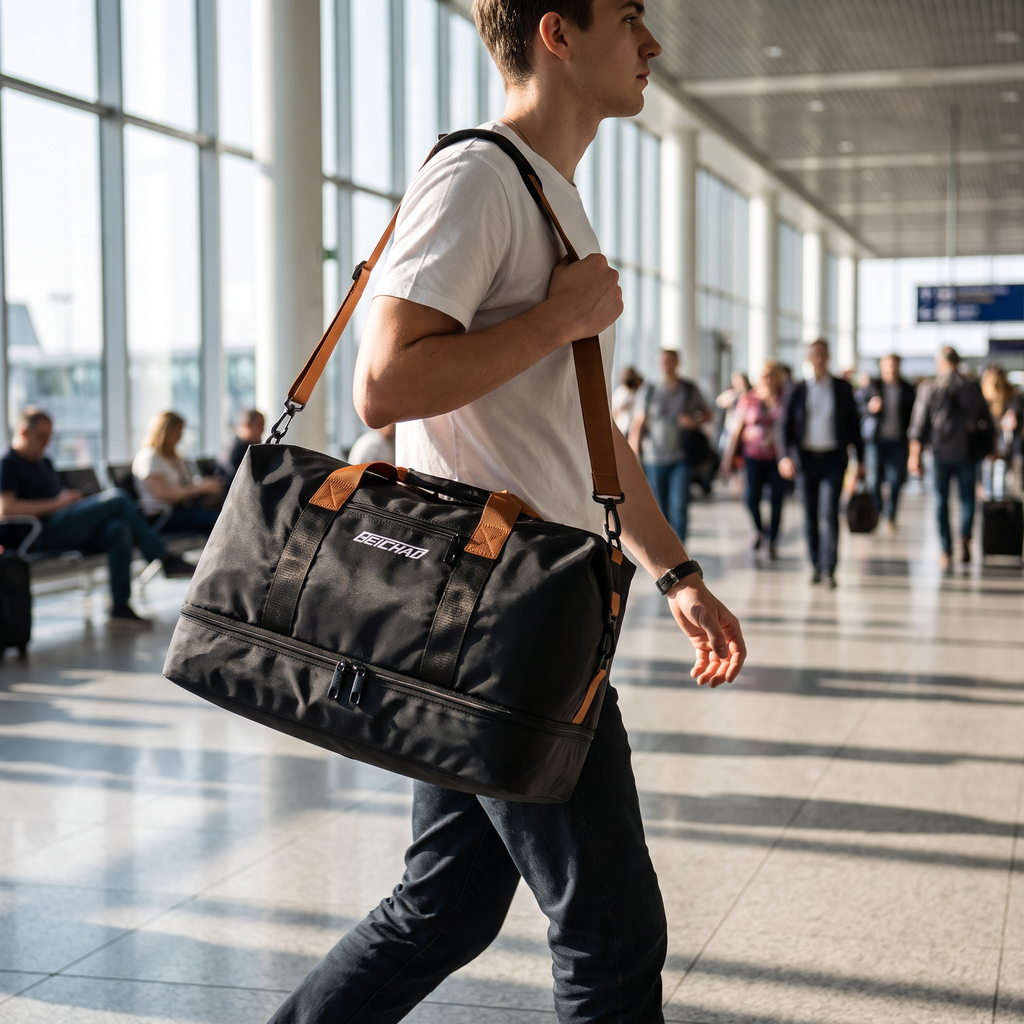 Weekender Duffle Bag (Black) carried through an airport terminal