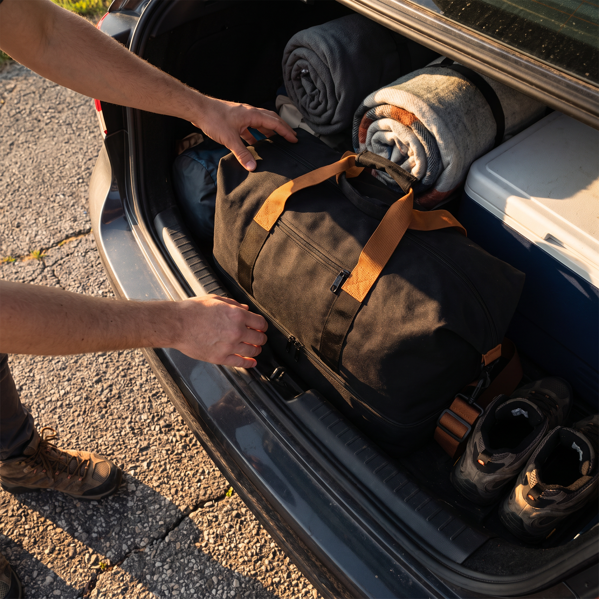 Weekender Duffle Bag (Black) being packed into a car trunk for a road trip