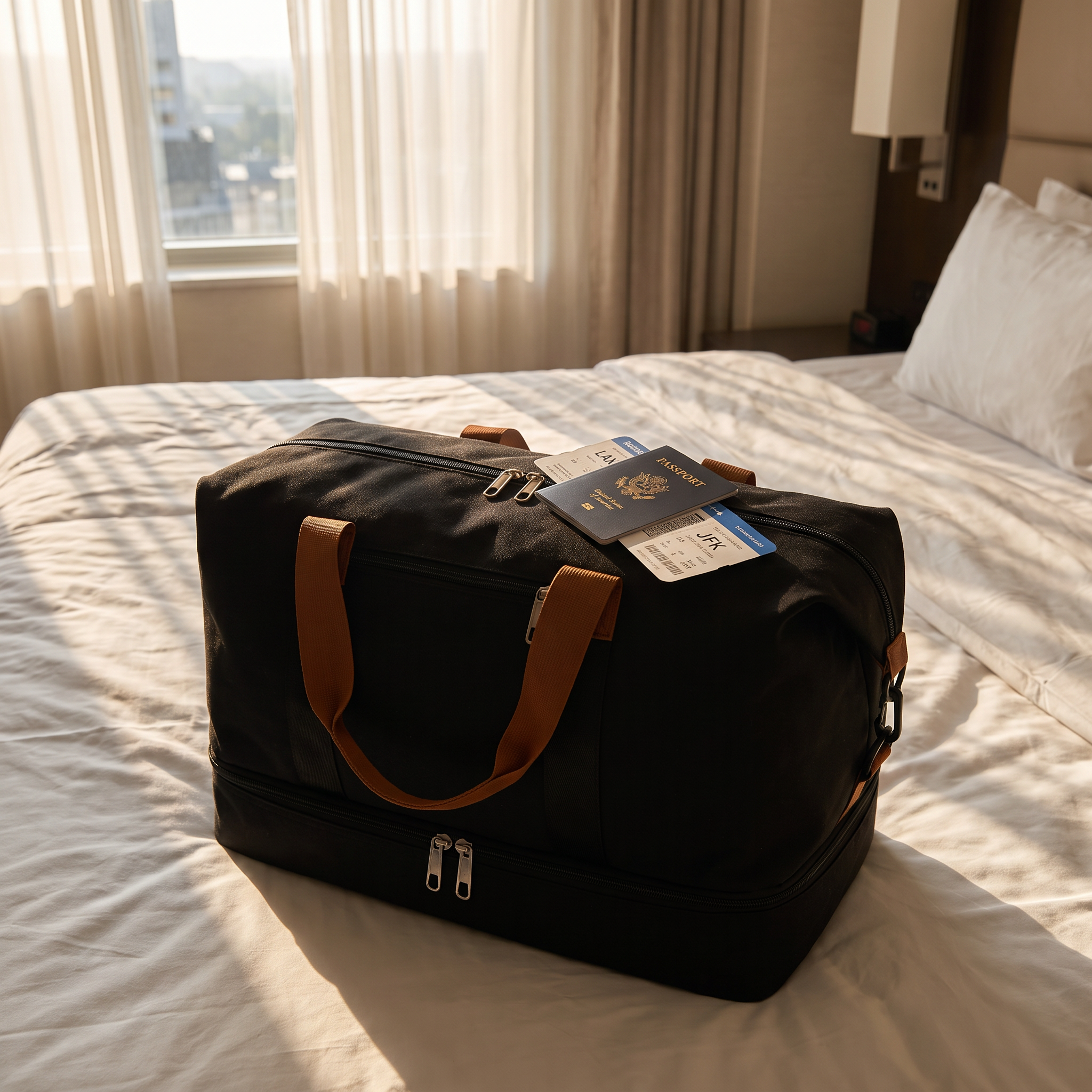 Weekender Duffle Bag (Black) on a hotel bed with passport and boarding pass