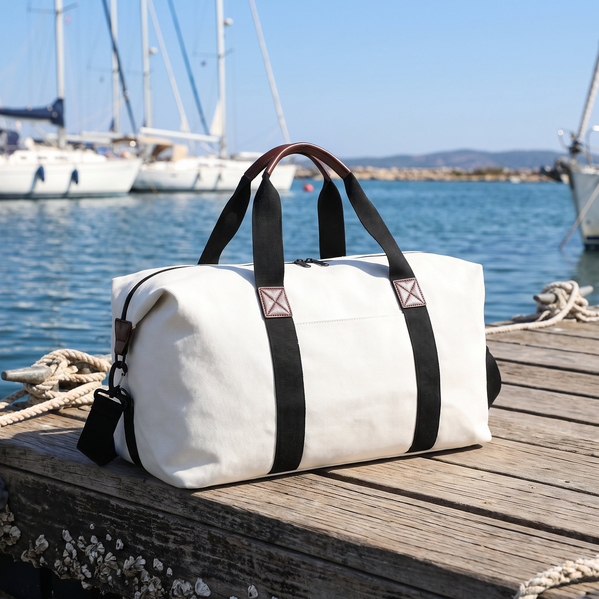 Weekender Duffle Bag (White) on a marina dock