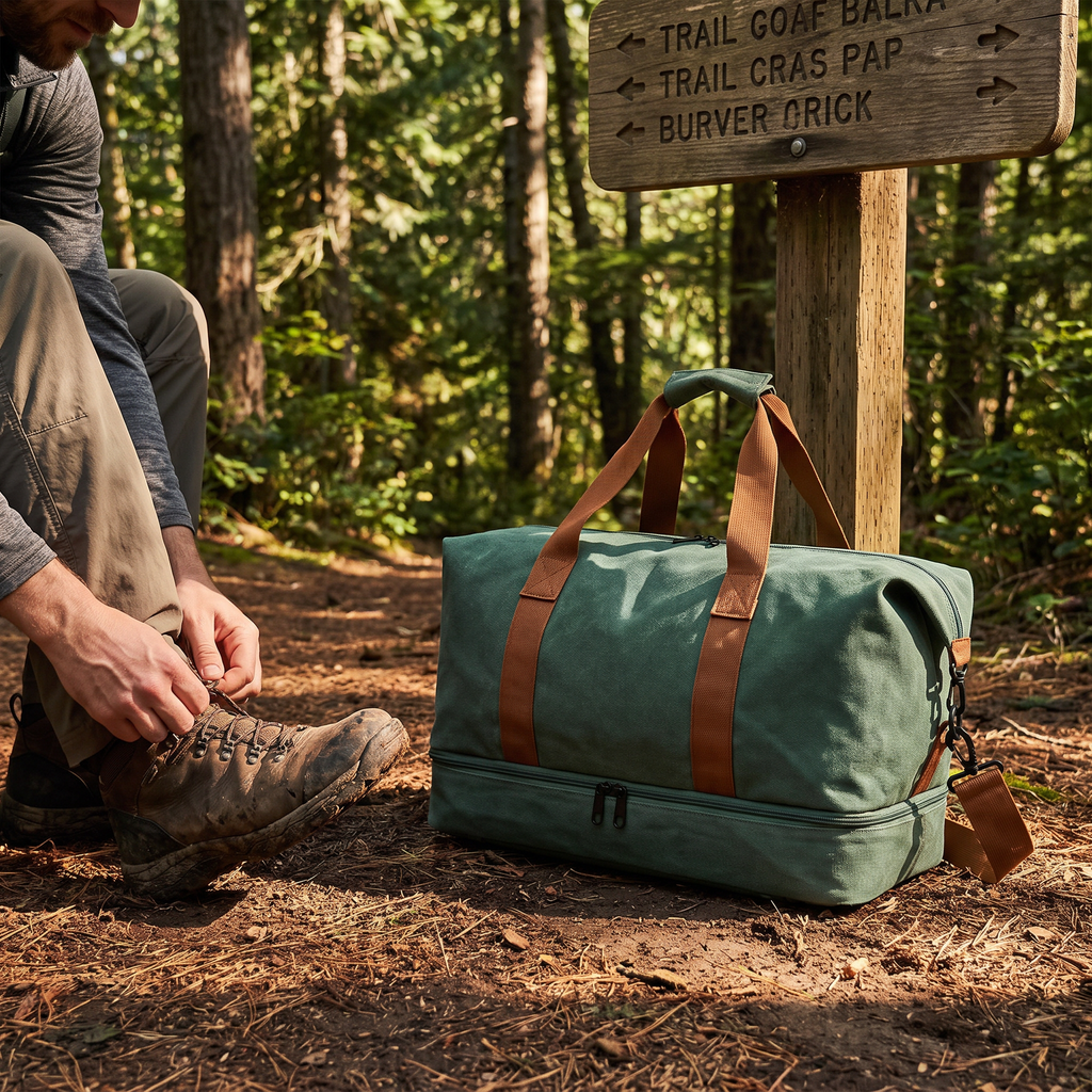 Weekender Duffle Bag (Green) at a hiking trailhead