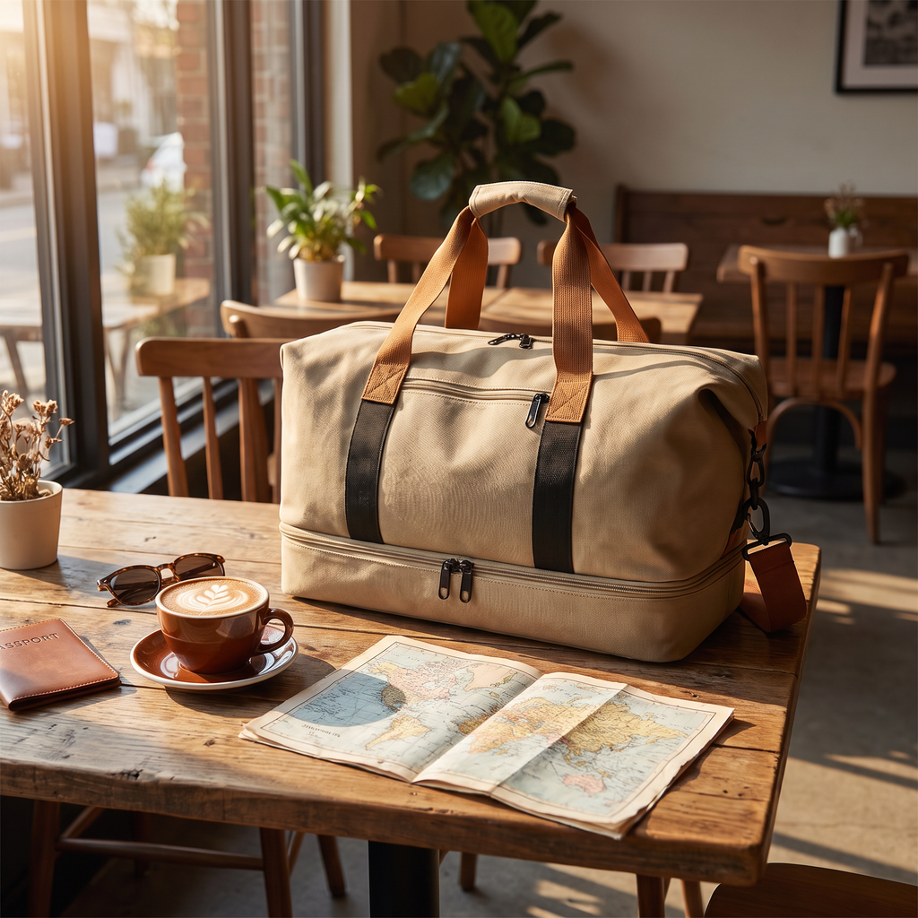 Weekender Duffle Bag (Khaki) on a cafe table