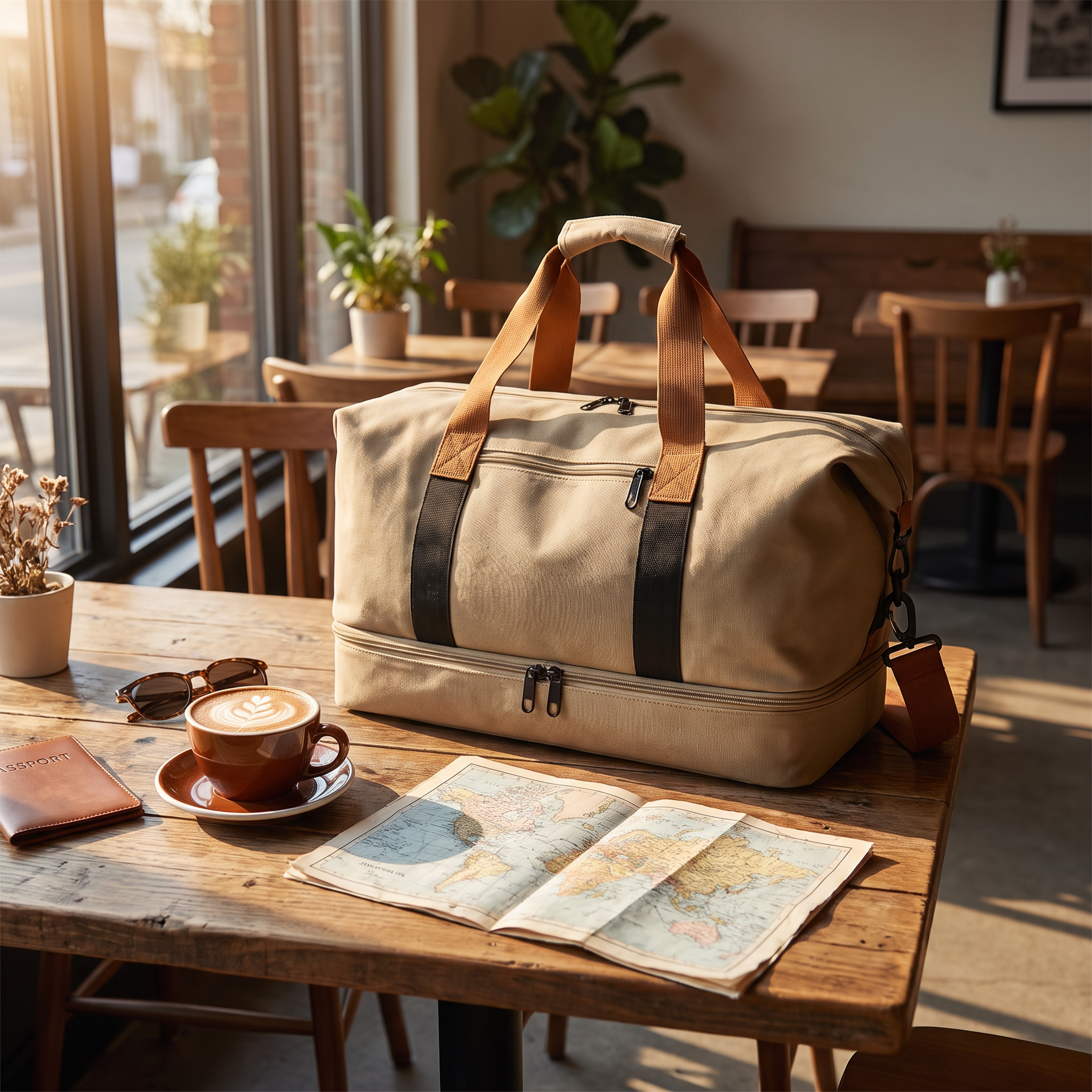 Weekender Duffle Bag (Khaki) on a cafe table