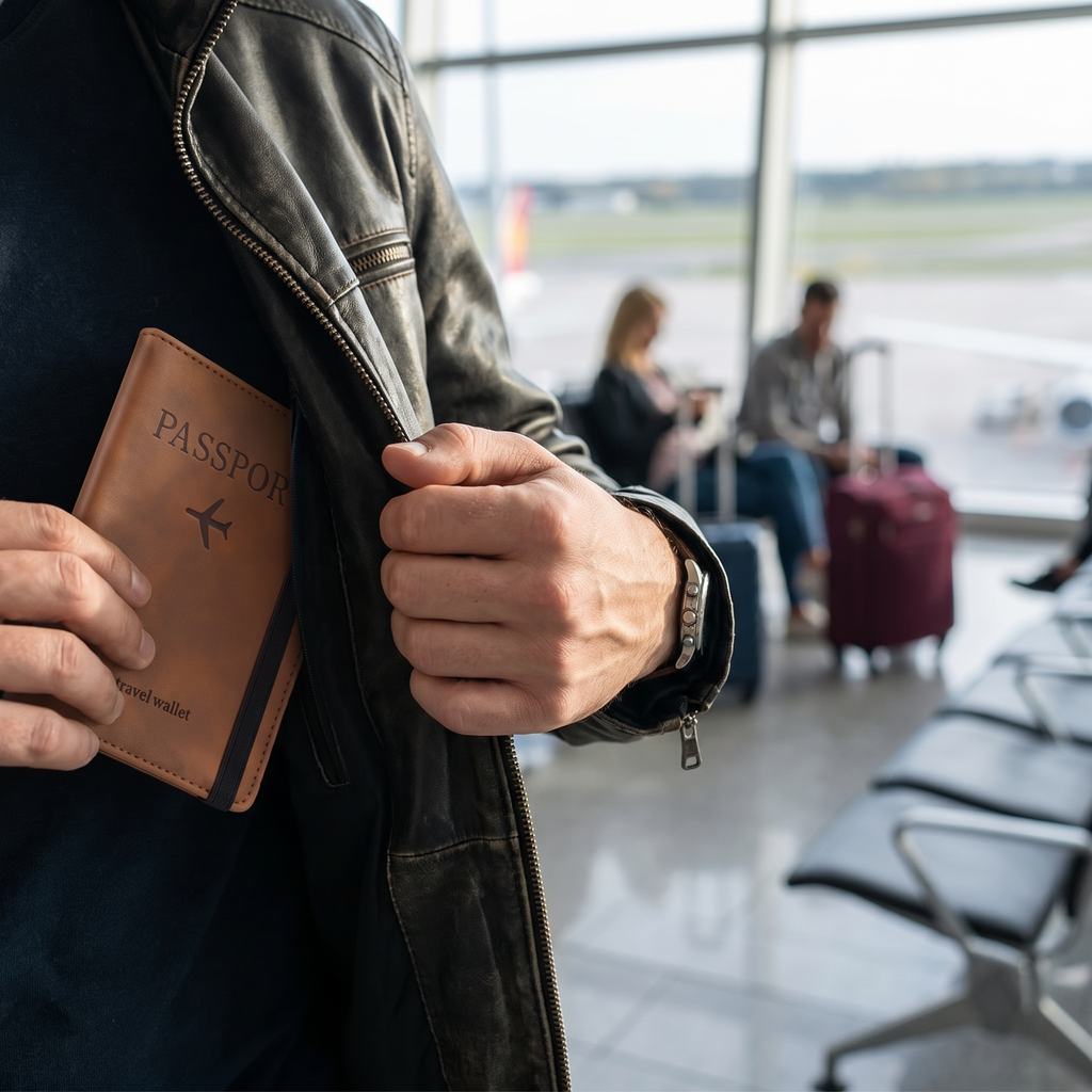 Passport book holder in real-life use at airport gate