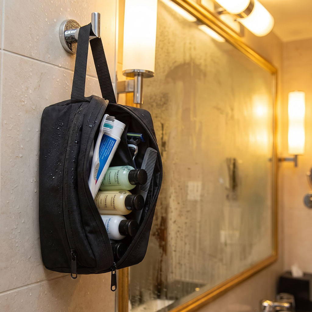 Waterproof toiletry bag hanging in hotel bathroom, in real-life use