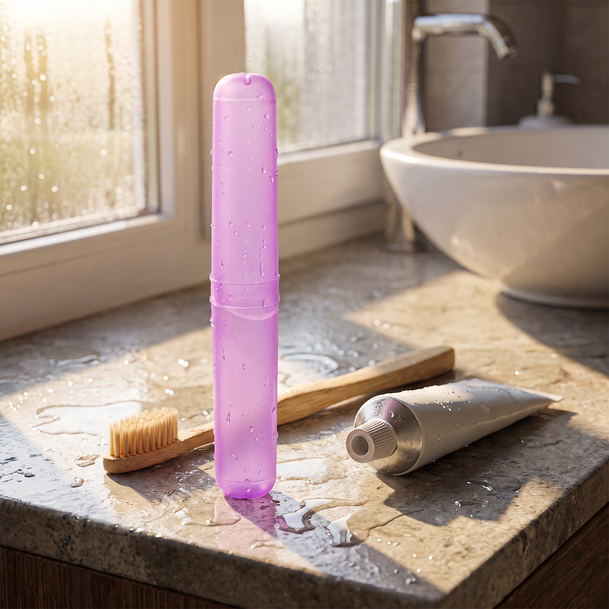 Toothbrush storage case on bathroom counter, real-life use