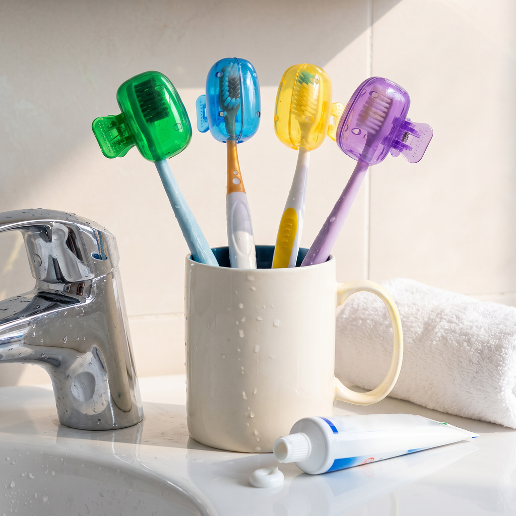 Toothbrush cover set, 4 pieces, real-life use on bathroom counter